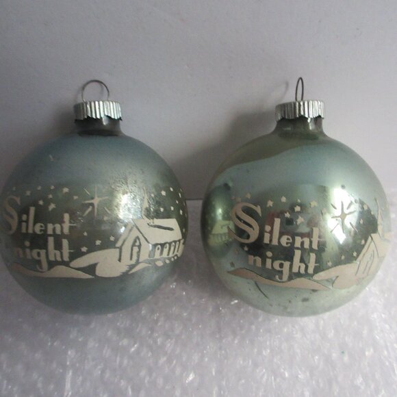 2 Shiny Brite Silent Night Church Blue Stencil Glass Christmas Ornament Vtg - Picture 2 of 9